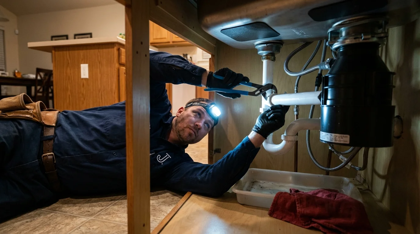 P-trap and supply line connections under a kitchen sink showing a common leak point in Hopkins, SC